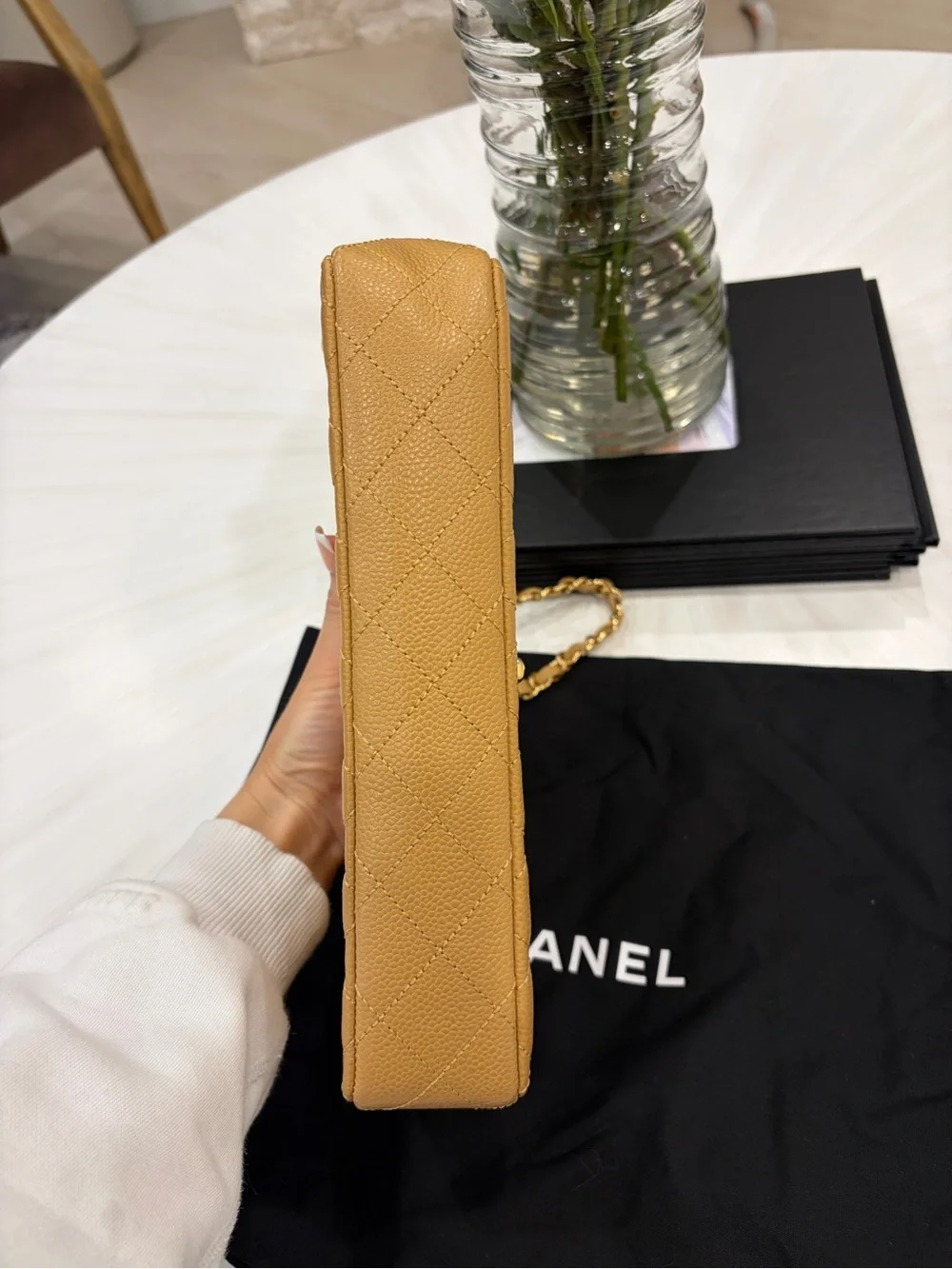 CHANEL Quilted Shoulder Bag in Camel Tan with Gold Hardware